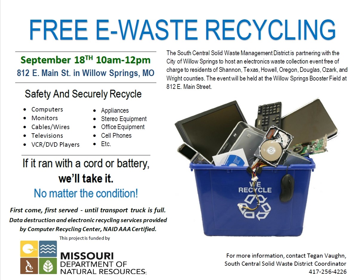 E-Waste Disposal event in WS on Sept. 18, 2021 - Ozark Radio News