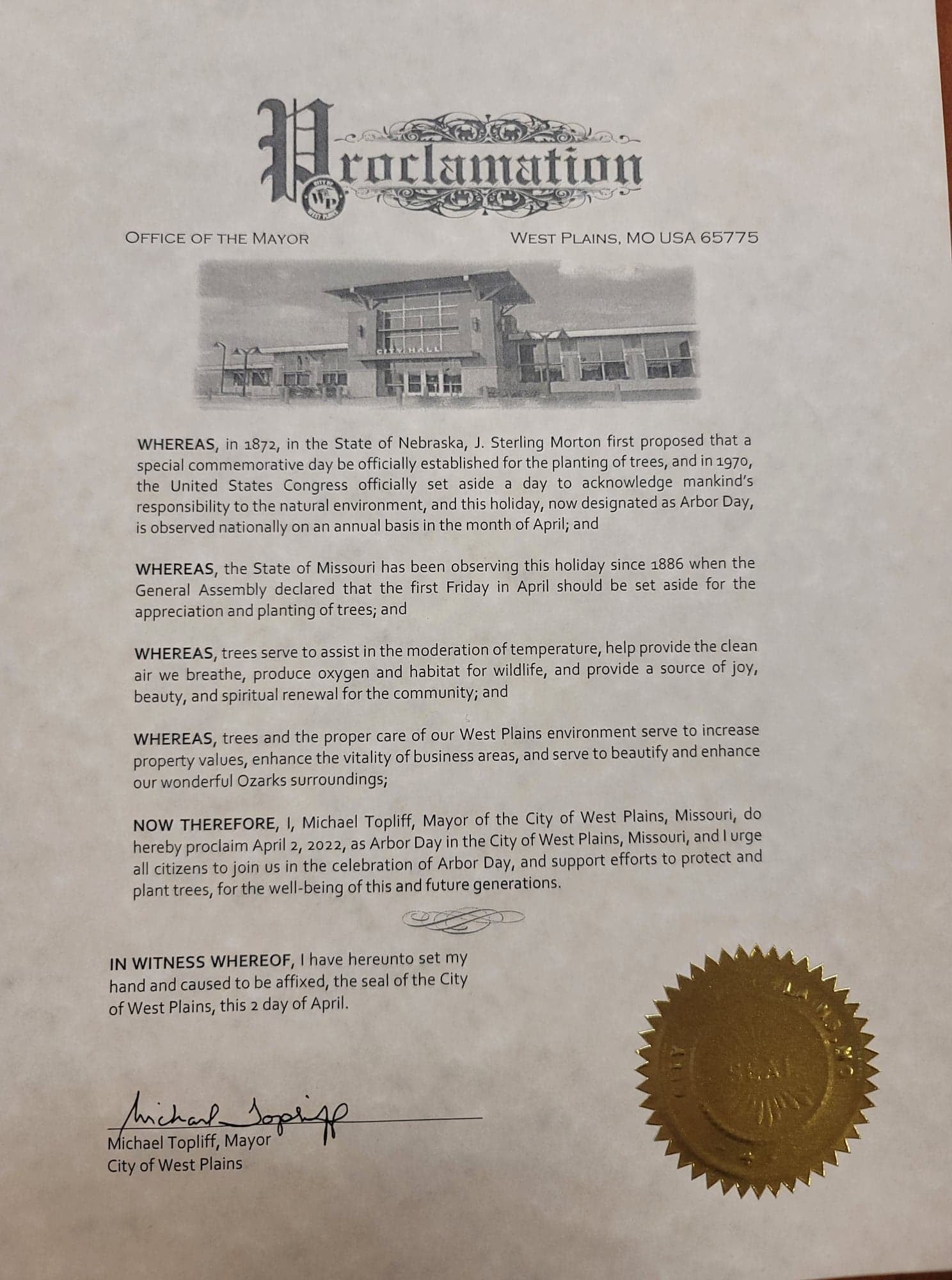 Proclamation Signed Marking April 2, 2022 as Arbor Day in West Plains