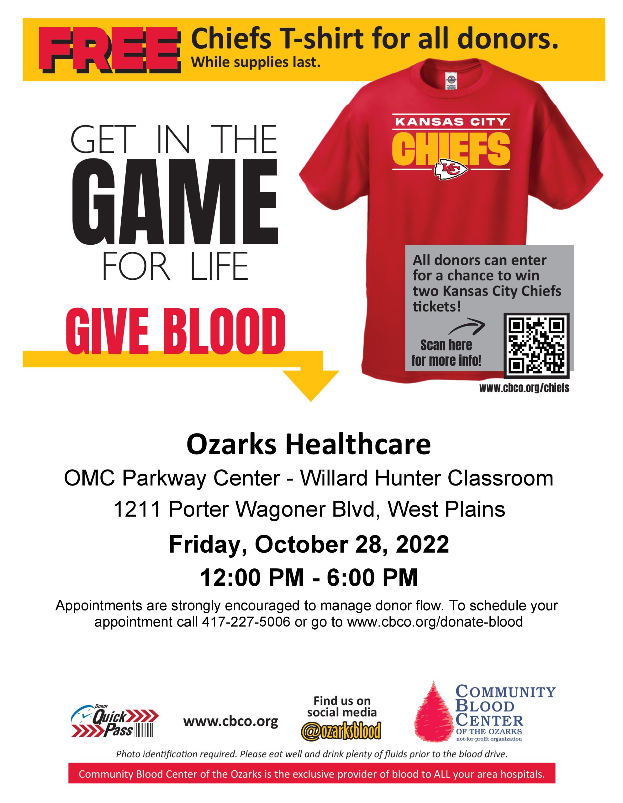 Give Blood in West Plains on October 28 and Receive a Free KC Chiefs  T-Shirt