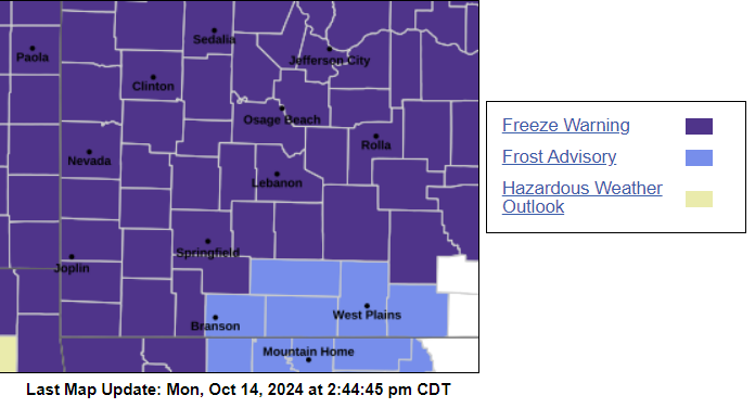 Freeze Warning Issued for the Ozarks