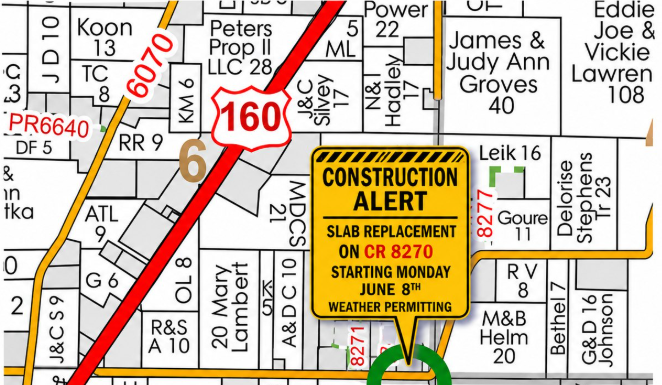 Construction Alert for County Road 8270 in Howell County