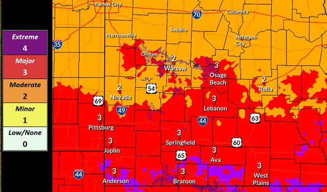 Major to Extreme Heat Risk Remains in the Ozarks Today