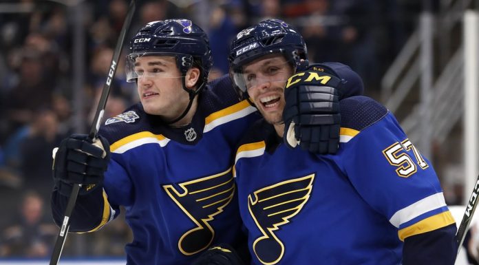 Blues beat Lightning 3-1 to spoil Maroon’s homecoming