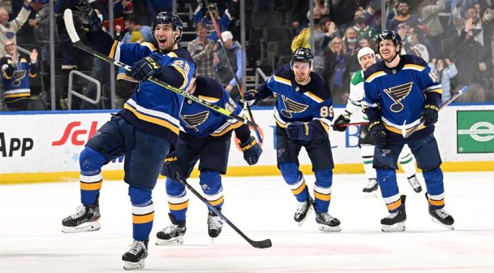 Victory was the first regulation win in Blues history when trailing in final minute of the third period
