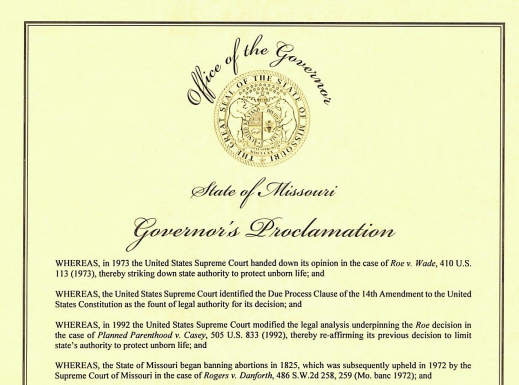 Governor Parson Signs Proclamation to End Elective Abortions in Missouri in Response to U.S. Supreme Court Decision