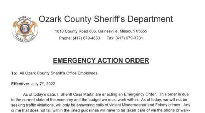Ozark County Sheriff Issues Emergency Order