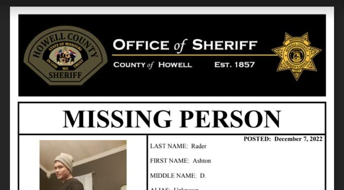 Missing Person Reported in Howell County: Ashton Rader