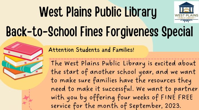 Back-to-School Fines Forgiveness during September at West Plains Public Library
