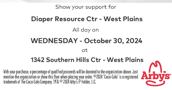 Arby's 2024 Fundraiser Diaper Resource Ctr West Plains 10_30_24 Cropped